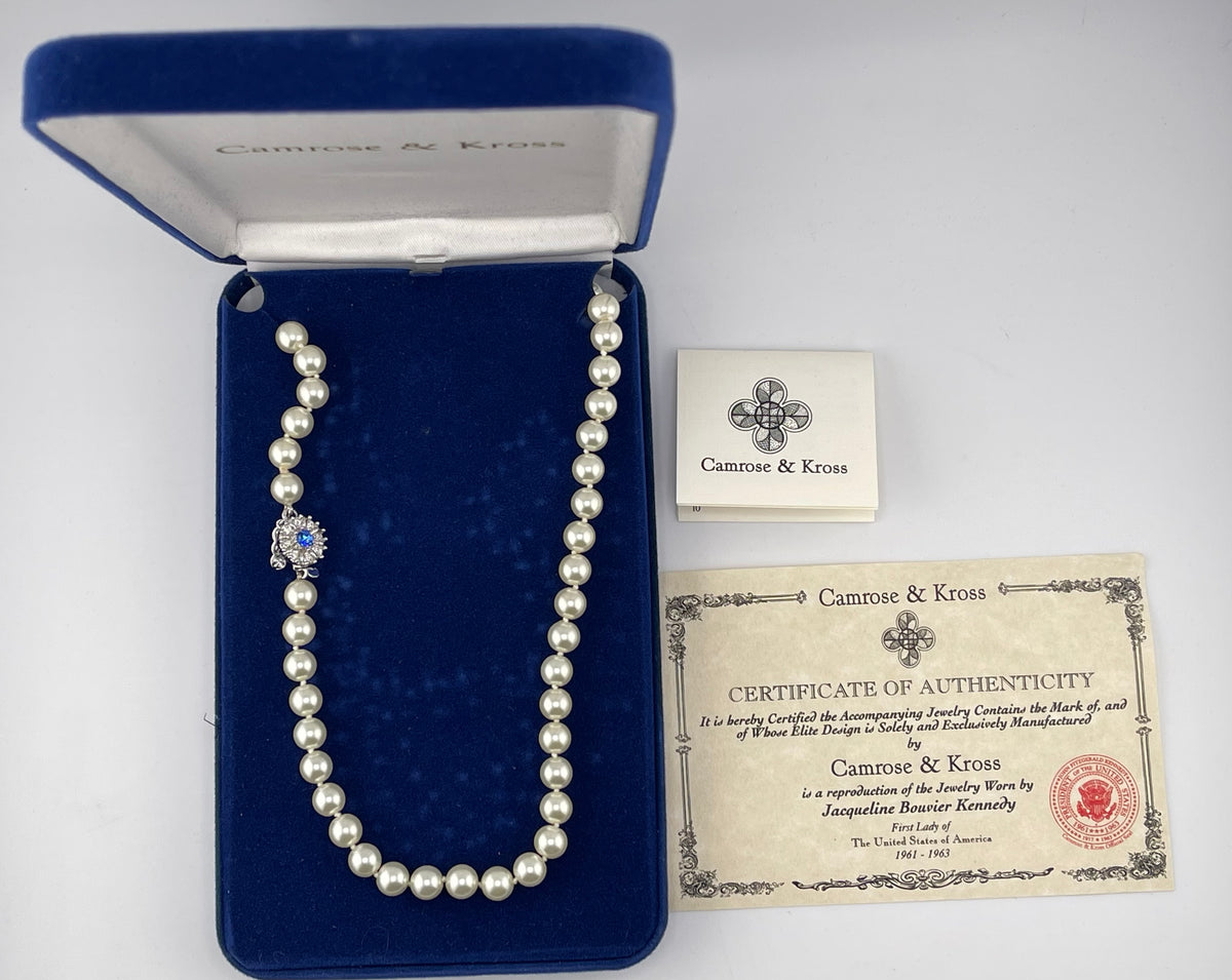 VTG JBK Camrose & Kross Jacqueline Kennedy Collection Faux Pearl Strand Necklace with Sapphire Crystal Clasp