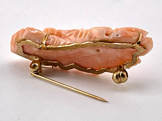 Vintage 14K Gold Natural Carved Coral Floral Rose Brooch Pin – 46mm