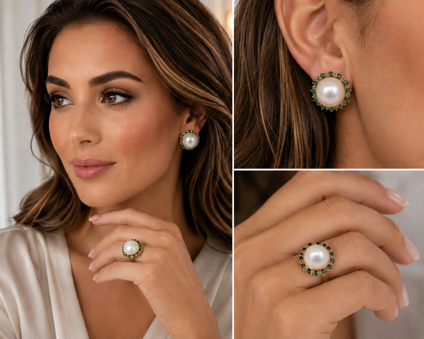 14k YG Diamond & Emerald Halo Mabe Pearl Ring