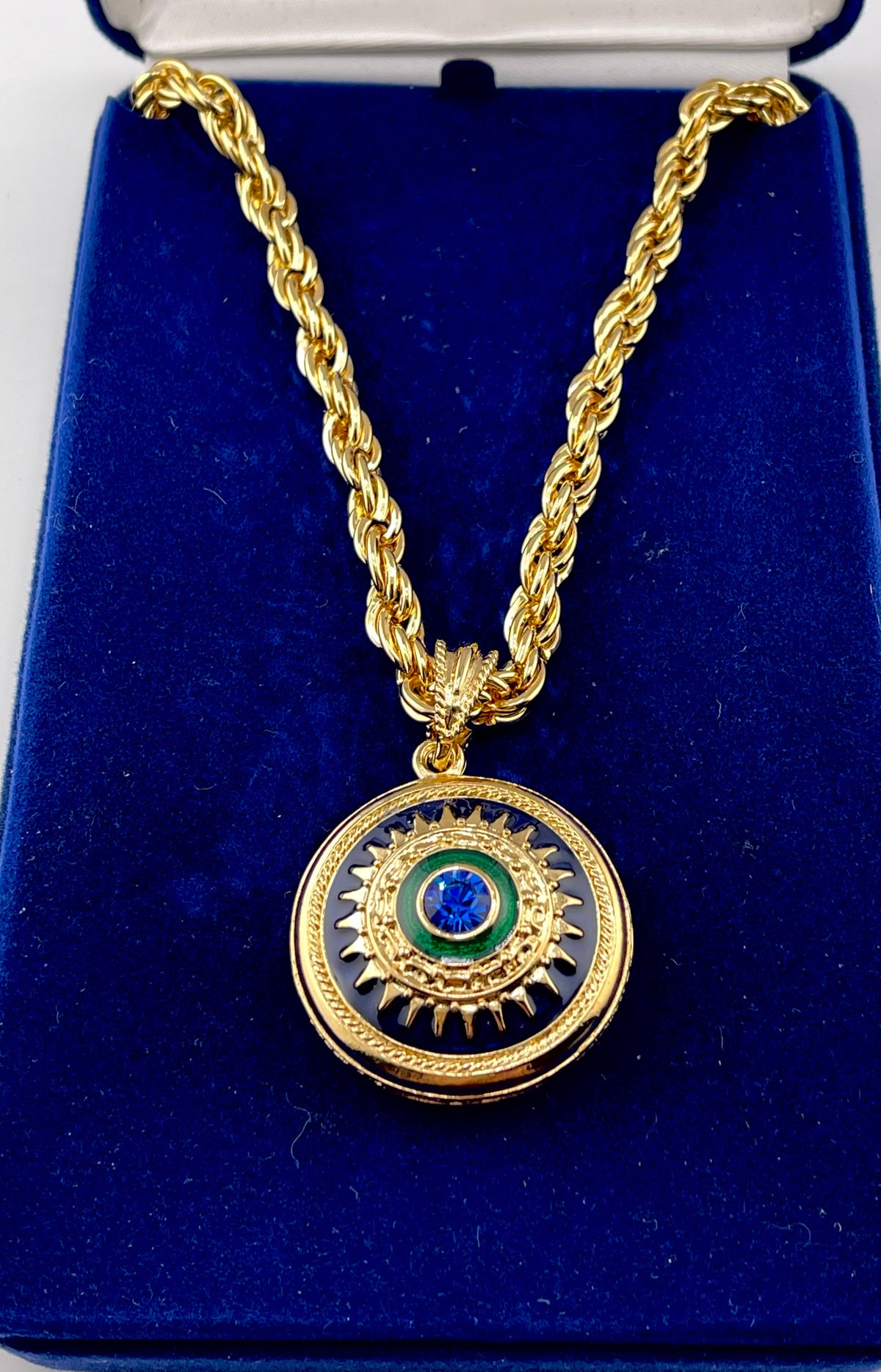 VTG CAMROSE & KROSS JBK Jackie Kennedy Pendant  Necklace Mogul Double Sided Crystal Rhinestone Blue Enamel