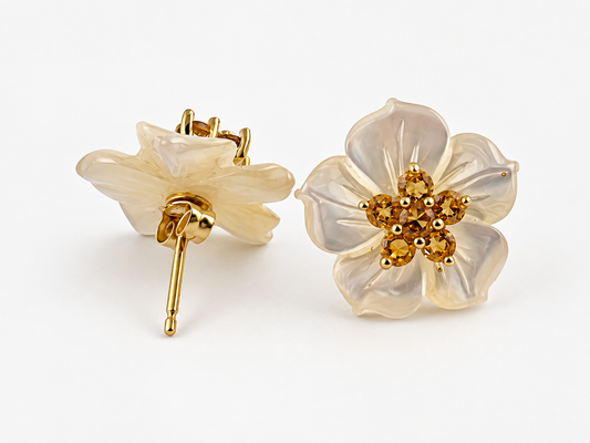 Estate 14K Gold Citrine Carved Mother of Pearl Flower Stud Earrings 16mm