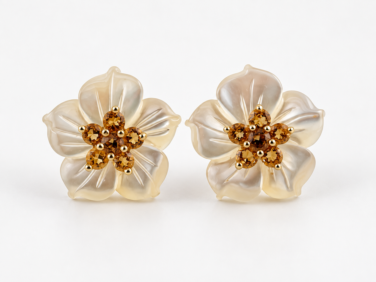 Estate 14K Gold Citrine Carved Mother of Pearl Flower Stud Earrings 16mm