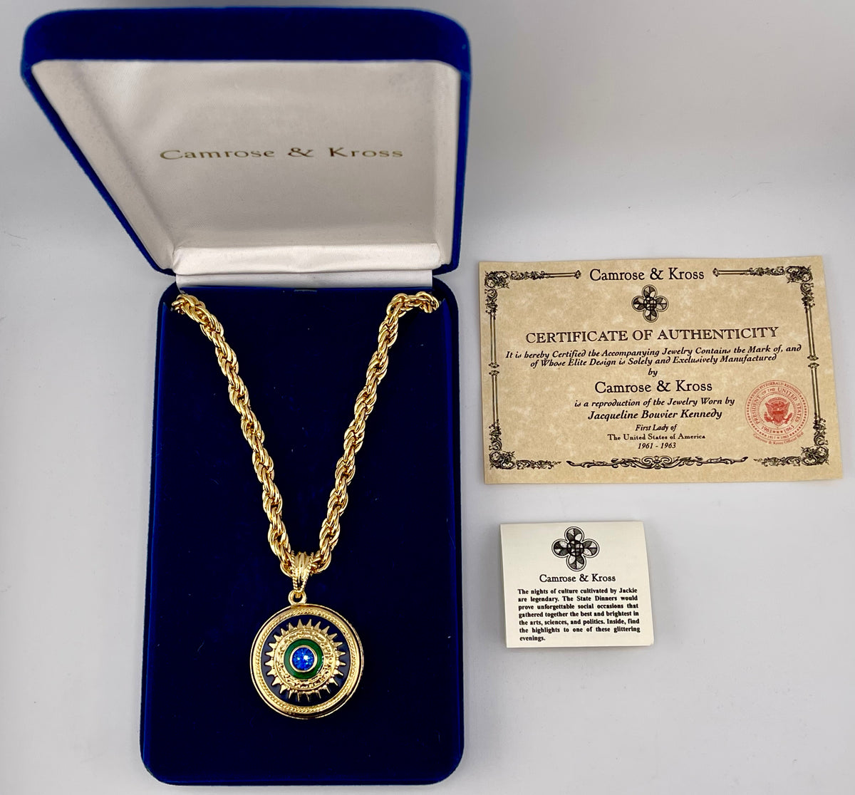 VTG CAMROSE & KROSS JBK Jackie Kennedy Pendant  Necklace Mogul Double Sided Crystal Rhinestone Blue Enamel