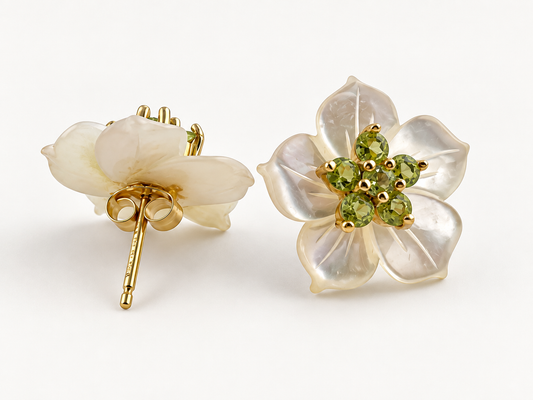 Estate 14K Gold Peridot Carved Mother of Pearl Flower Stud Earrings 16mm