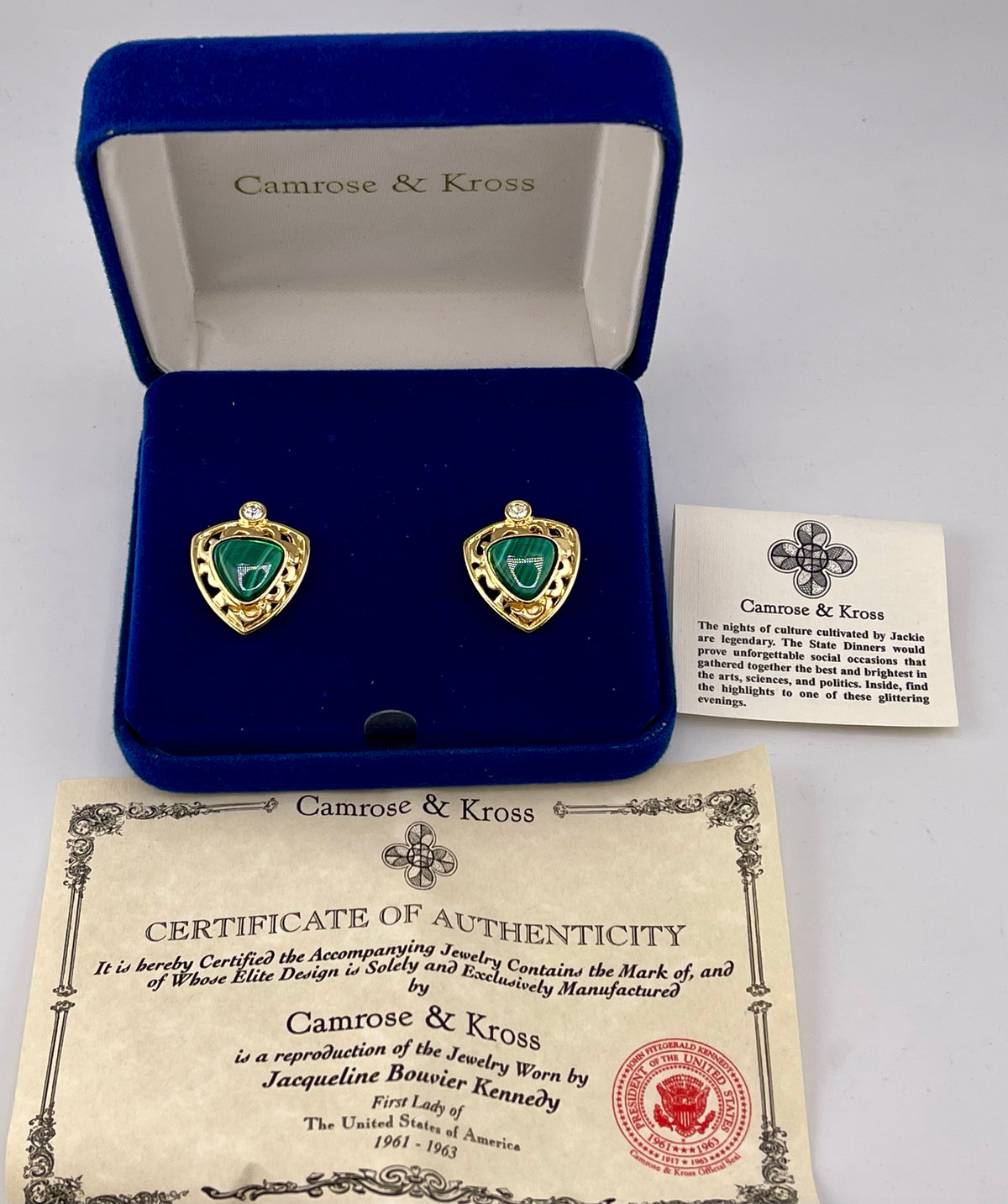 VTG JBK Camrose & Kross Jackie Kennedy Malachite Gold tone clip on Earrings