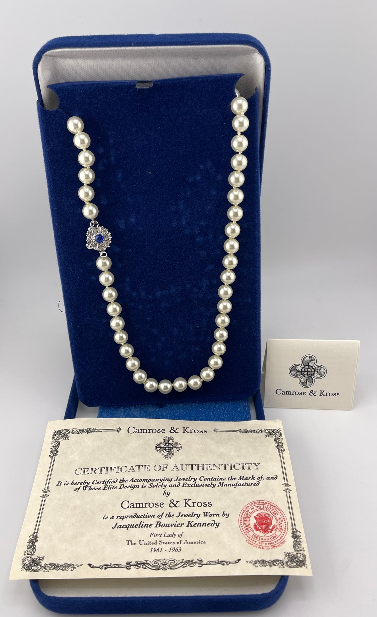 VTG JBK Camrose & Kross Jacqueline Kennedy Collection Faux Pearl Strand Necklace with Sapphire Crystal Clasp