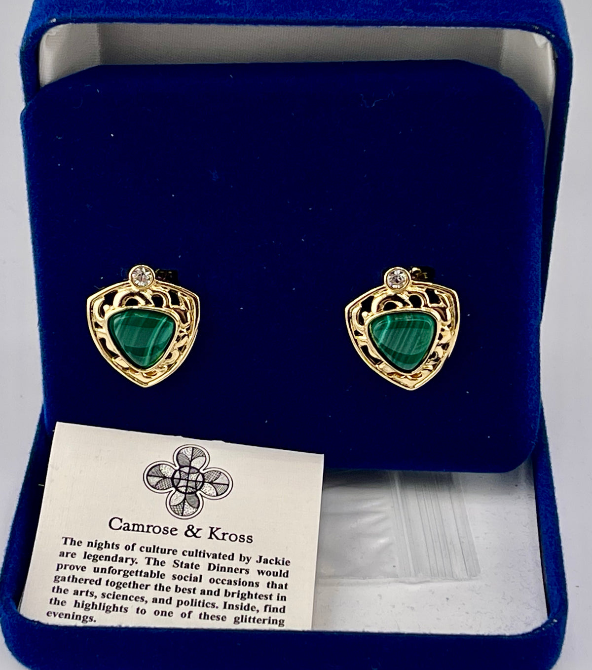 VTG JBK Camrose & Kross Jackie Kennedy Malachite Gold tone clip on Earrings