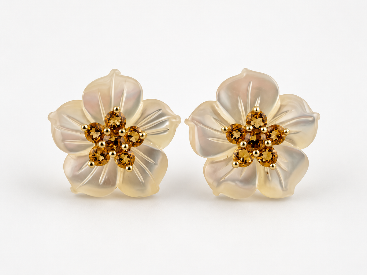 Estate 14K Gold Citrine Carved Mother of Pearl Flower Stud Earrings 16mm