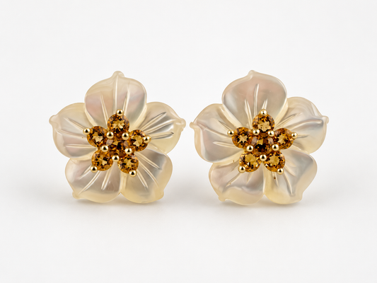 Estate 14K Gold Citrine Carved Mother of Pearl Flower Stud Earrings 16mm