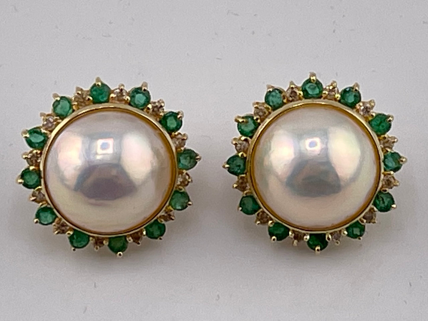 14k YG Mabe Diamond & Emerald Halo Lever-back Earrings