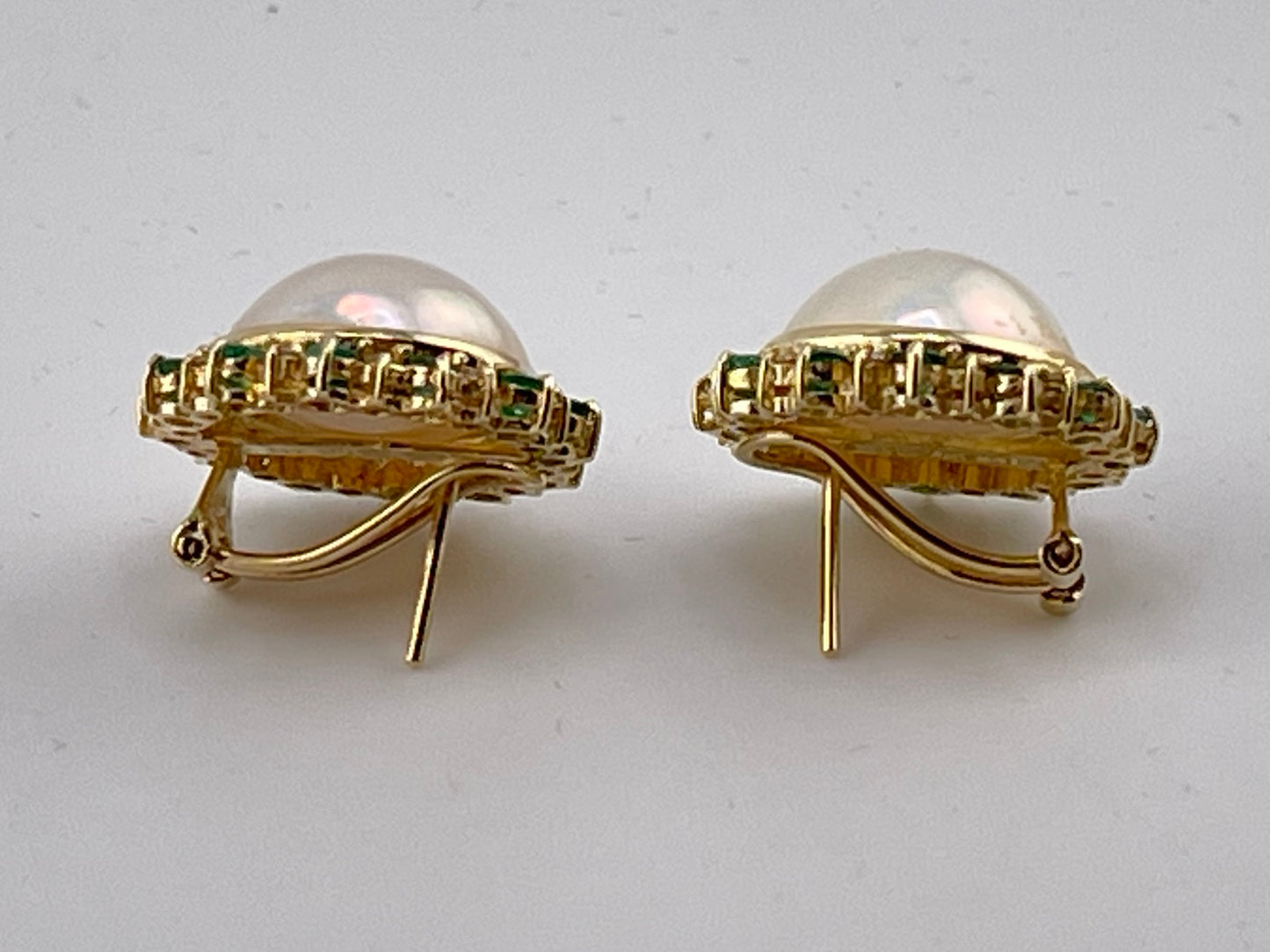 14k YG Mabe Diamond & Emerald Halo Lever-back Earrings