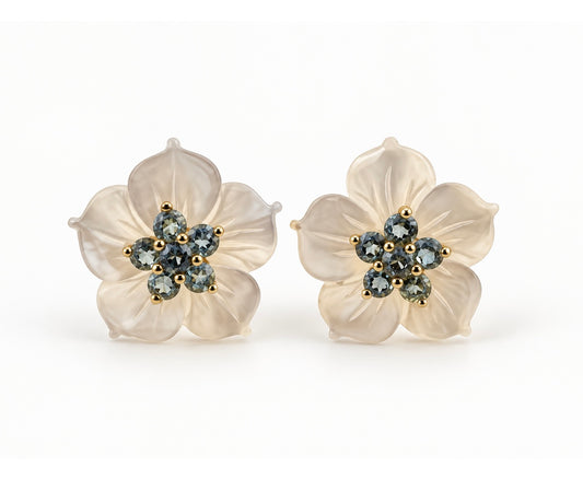 14K Yellow Gold Blue Topaz Carved Mother of Pearl Flower Stud Earrings 16mm