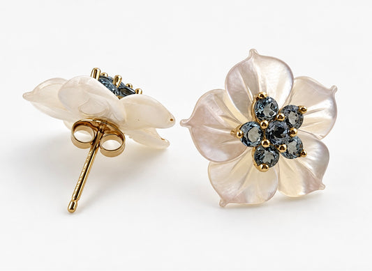 14K Yellow Gold Blue Topaz Carved Mother of Pearl Flower Stud Earrings 16mm