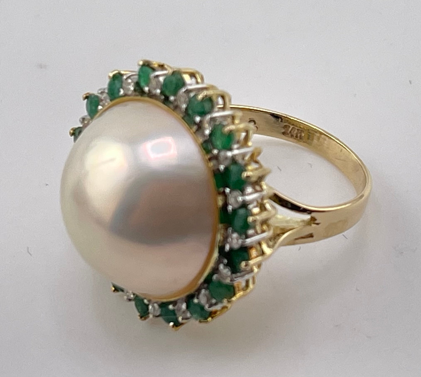 14k YG Diamond & Emerald Halo Mabe Pearl Ring