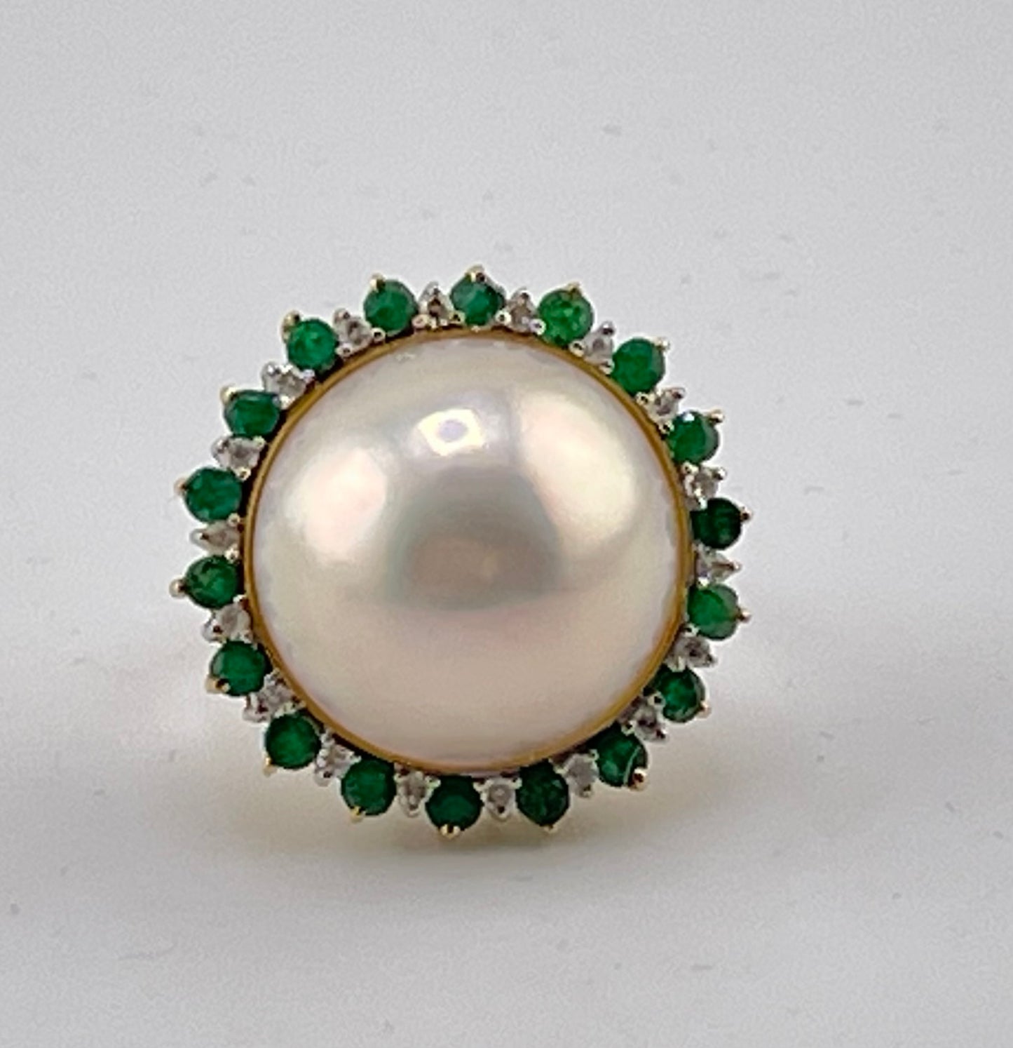 14k YG Diamond & Emerald Halo Mabe Pearl Ring