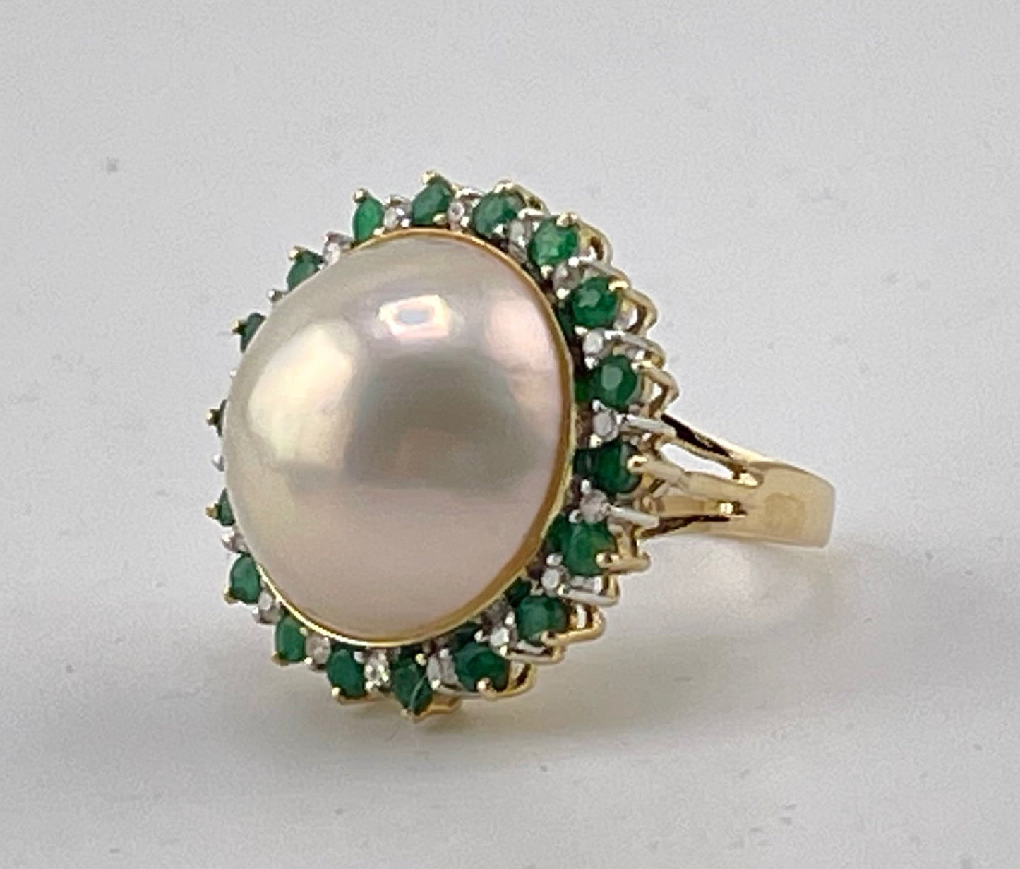 14k YG Diamond & Emerald Halo Mabe Pearl Ring
