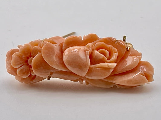 Vintage 14K Gold Natural Carved Coral Floral Rose Brooch Pin – 46mm